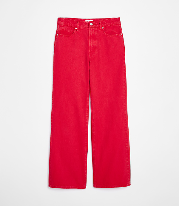 Bright red wide-leg jeans are displayed against a plain white background.