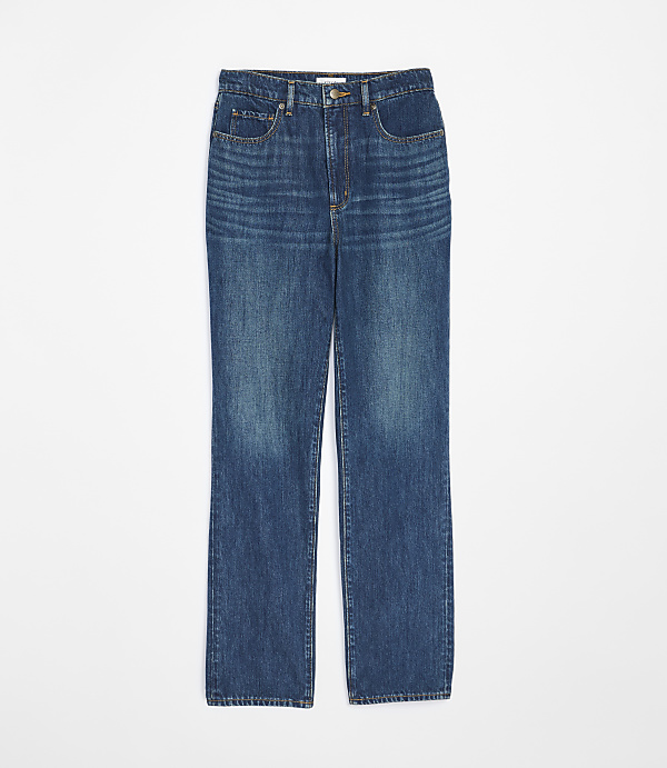 A pair of dark wash, straight-leg jeans are laid flat against a plain white background.