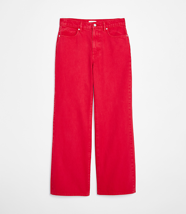 Bright red wide-leg jeans are displayed against a plain white background.