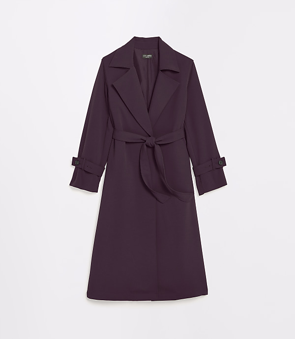 A plum-colored trench coat with a tied belt is displayed against a plain white background.
