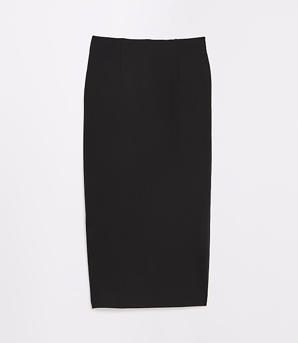 A black pencil skirt lies flat against a plain white background.