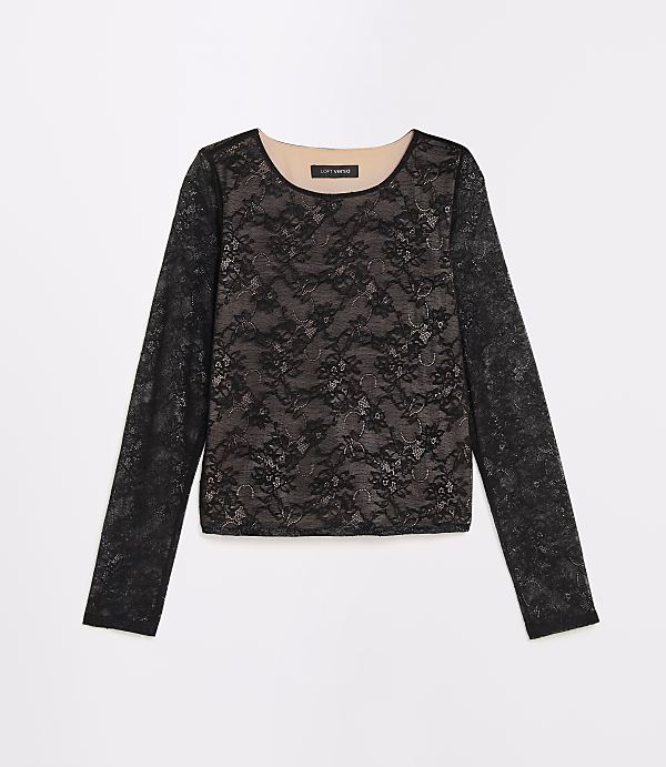 A black lace long-sleeved shirt with a tan lining is displayed against a plain white background.