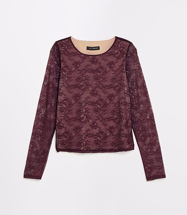 A burgundy lace long-sleeved shirt with a tan lining is displayed against a plain white background.