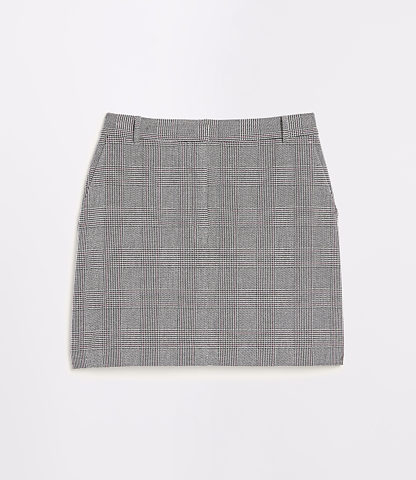 A grey plaid mini skirt with a white background.