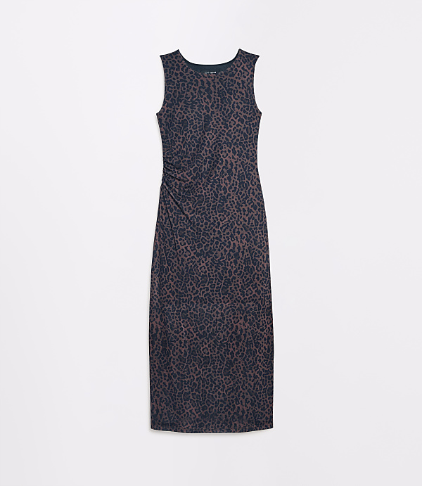A sleeveless, dark blue dress with a brown leopard print and ruching on the side is laid flat against a plain white background.