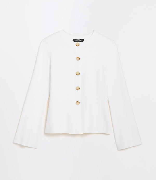 A white cardigan with five buttons is displayed against a plain white background.