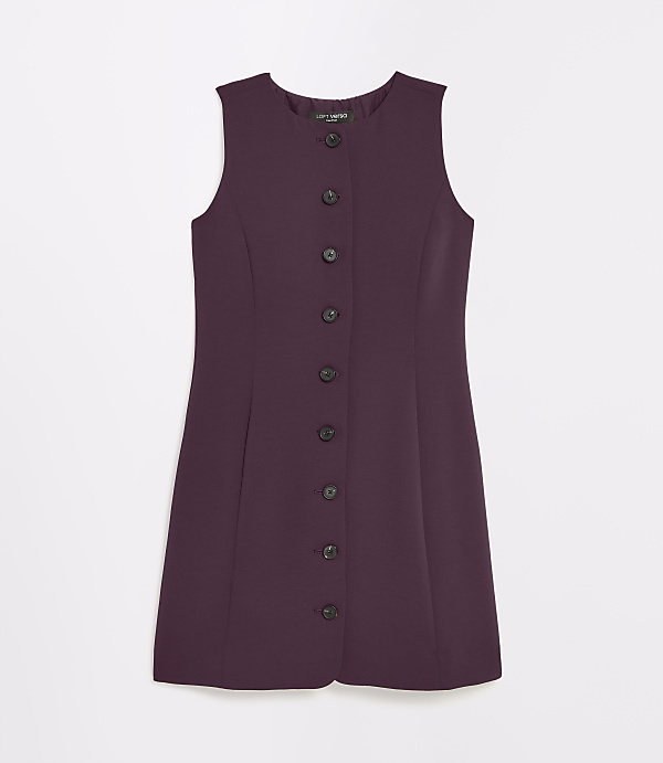 A sleeveless plum-colored dress with a row of dark buttons down the front is displayed against a plain white background.