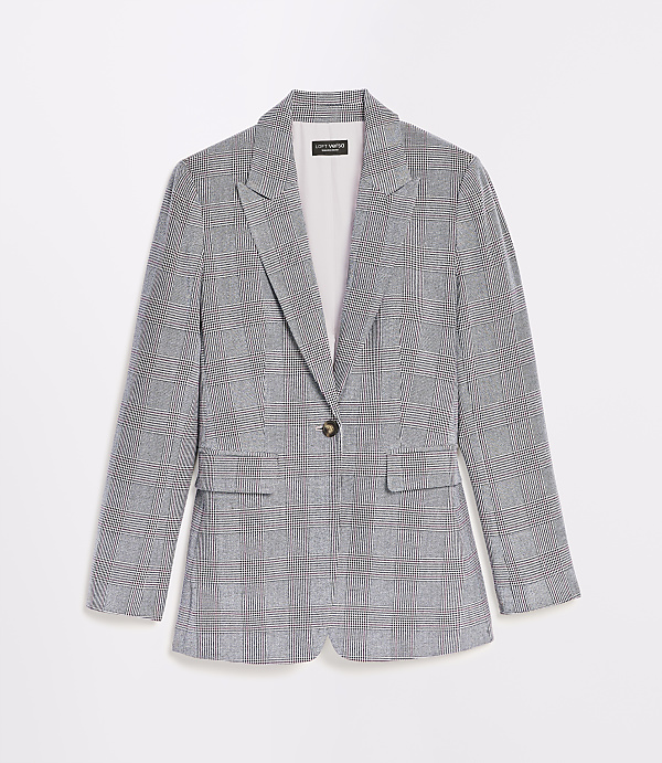 A gray plaid blazer with a single button closure is displayed against a plain white background.