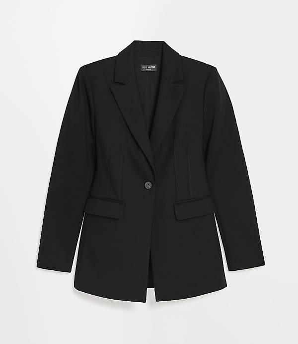 A black blazer with a single button closure and flap pockets is presented against a plain white background.