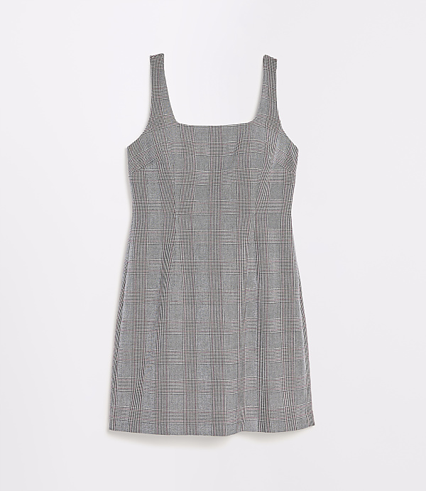 A sleeveless, plaid mini dress with a square neckline is displayed against a plain white background.