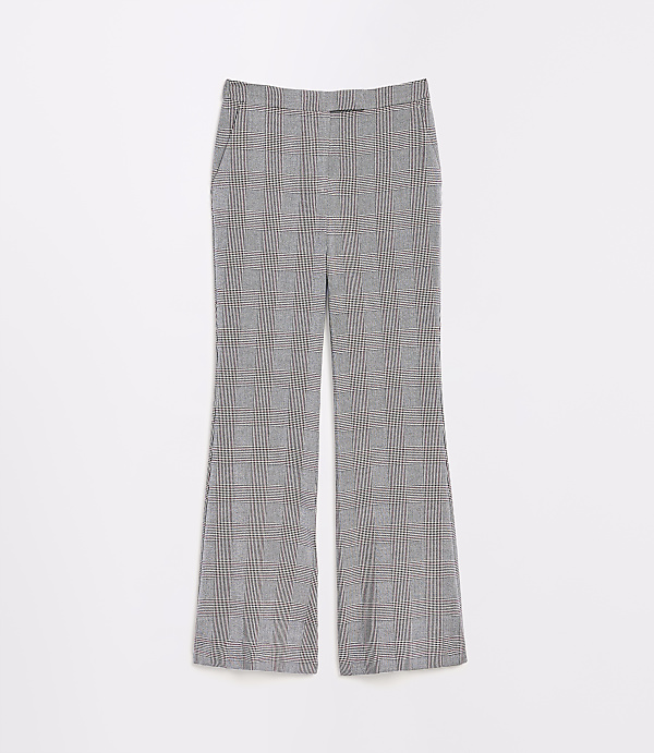 A pair of gray plaid flared pants lies flat against a plain white background.