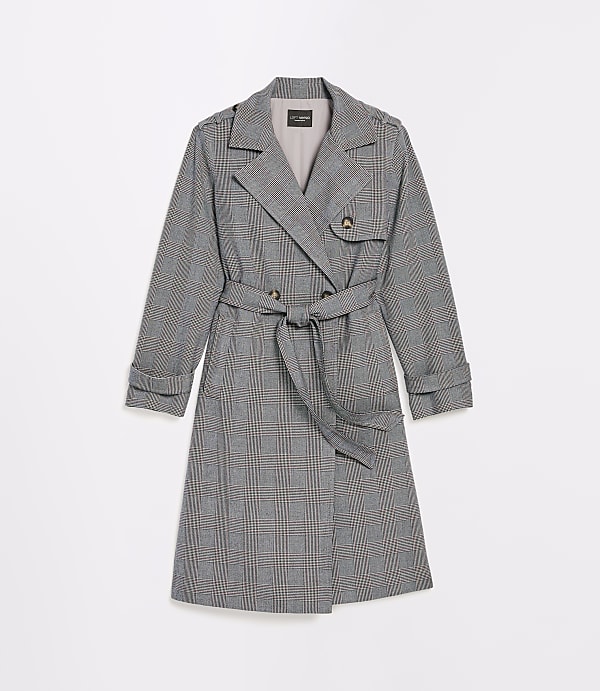 A grey plaid trench coat with a belted waist is displayed against a plain white background.