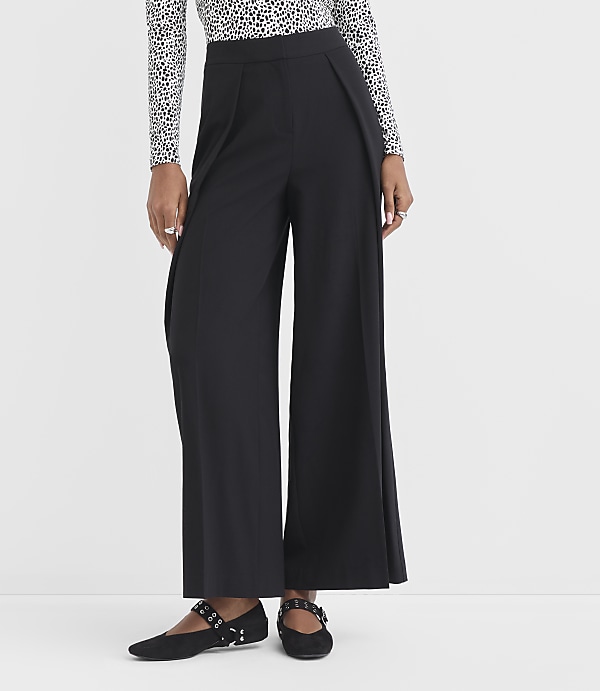 A person wearing black wide-leg pants and black flats stands against a plain white background.