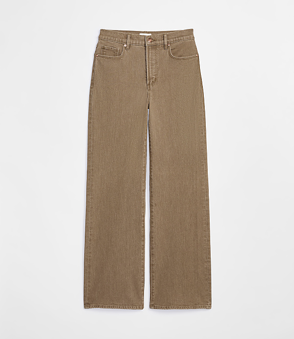 A pair of brown wide-leg jeans are displayed against a plain white background.