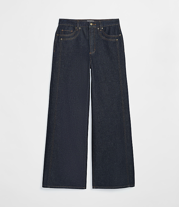 Dark wash wide-leg jeans with yellow stitching are displayed against a plain white background.