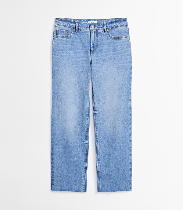 Light blue denim jeans with a straight leg are displayed against a plain white background.