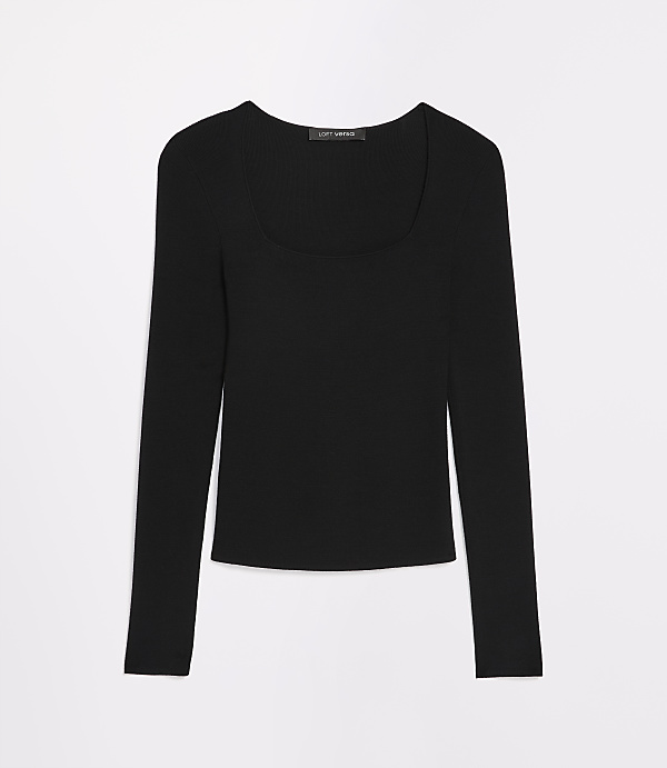 A black, long-sleeved, ribbed square-neck top is laid flat against a plain white background.