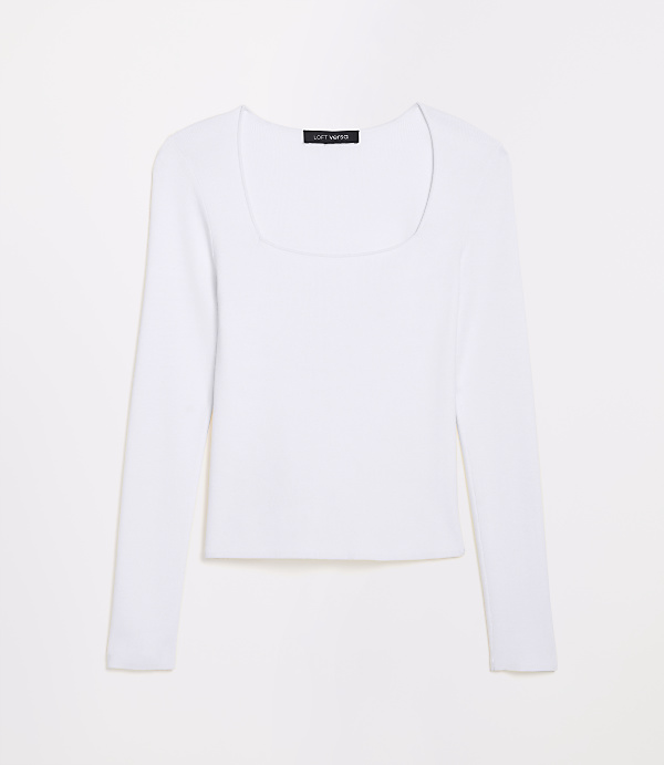 A white long-sleeved square-neck top is displayed against a plain white background.