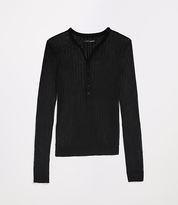 A black, ribbed, long-sleeved henley shirt with a white background.