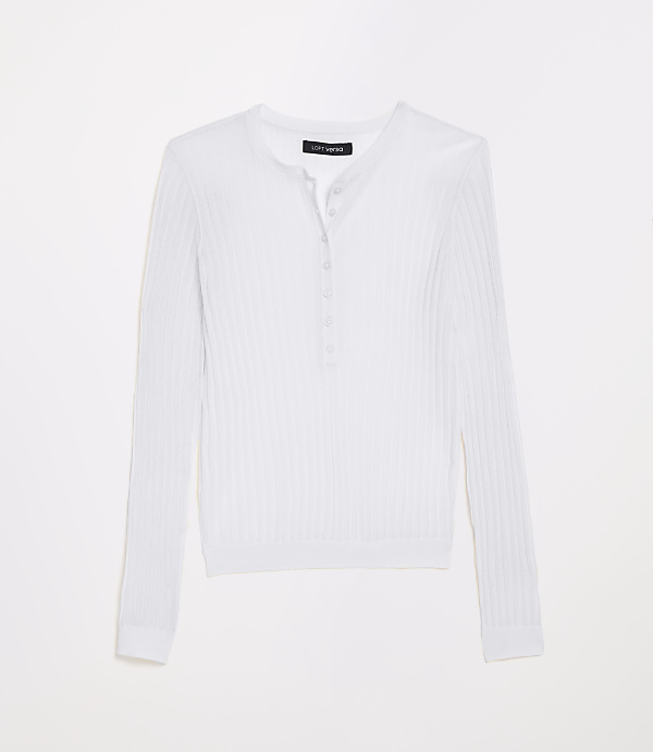 A white ribbed henley shirt with a tag is centered against a plain white background.