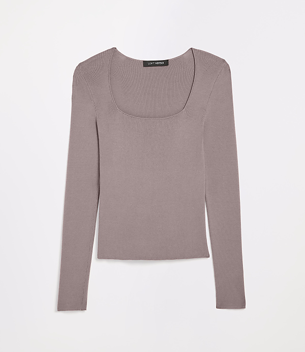 A mauve, ribbed, long-sleeved top with a square neckline is presented against a plain white background.