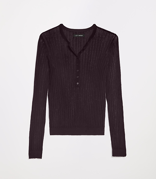A dark maroon, ribbed, long-sleeved henley shirt with a white background.