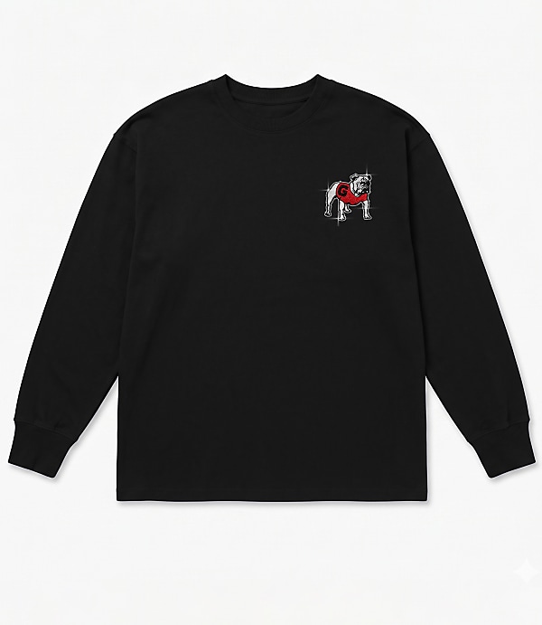 A black long-sleeved t-shirt with a bulldog graphic on the left chest is laid flat against a white background.