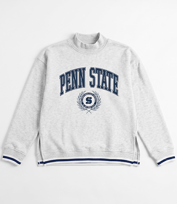 A light gray crewneck sweatshirt with "PENN STATE" emblazoned across the chest and a white background.