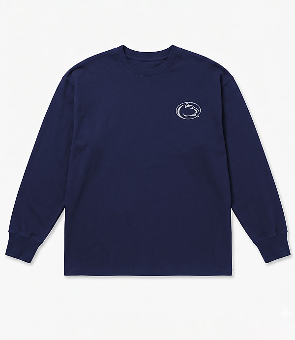 A navy blue long-sleeved t-shirt with a white Penn State logo on the left chest is laid flat against a white background.