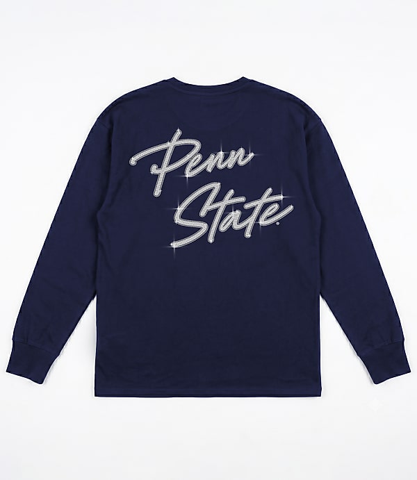A navy blue long-sleeved shirt with "Penn State" written in sparkling silver script is displayed against a plain white background.