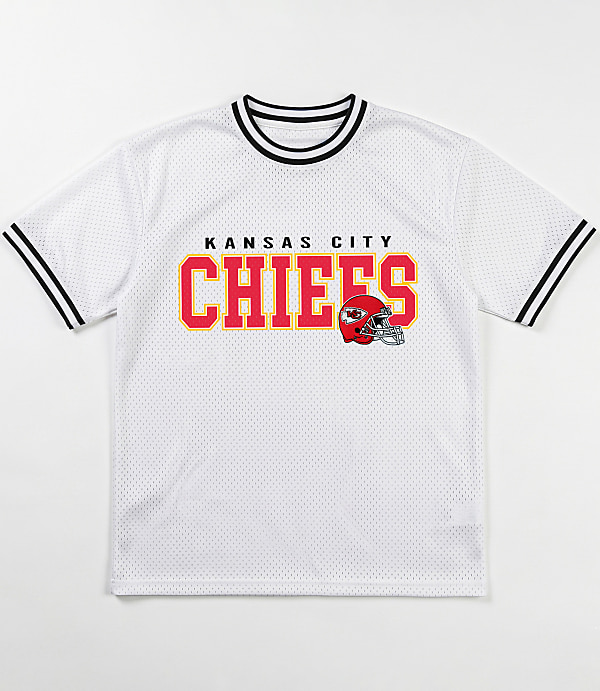 A white mesh t-shirt with "Kansas City Chiefs" emblazoned across the chest and a football helmet graphic is displayed against a plain white background.