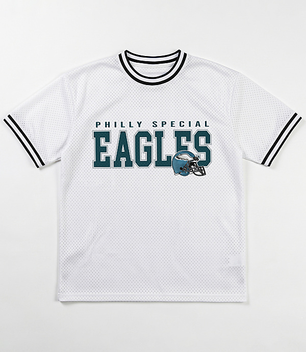 A white mesh t-shirt with "PHILLY SPECIAL EAGLES" and a football helmet graphic is displayed against a plain white background.