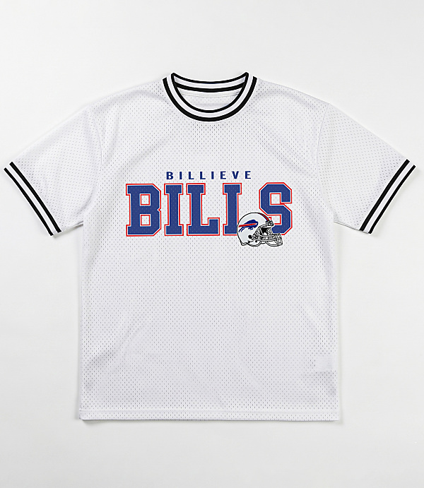A white mesh t-shirt with "BILLIEVE BILLS" and a Buffalo Bills helmet logo is displayed against a plain white background.