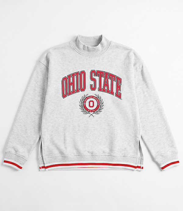 A gray Ohio State sweatshirt with red trim is laid flat against a white background.