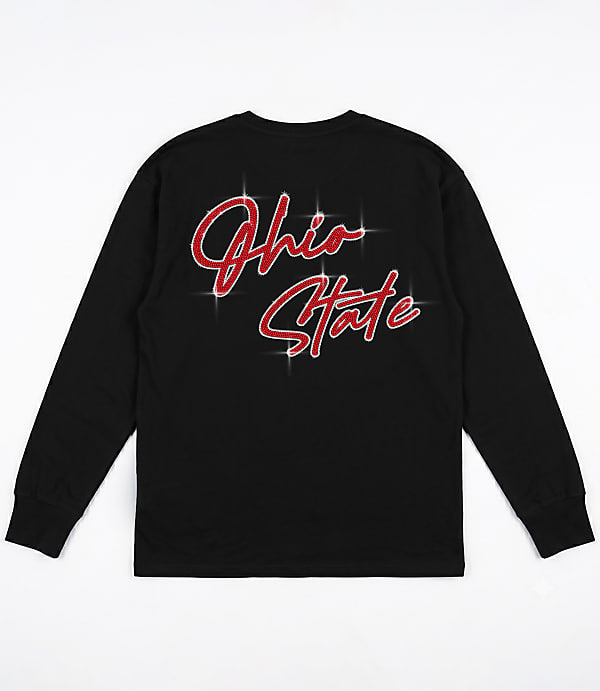 A black long-sleeved t-shirt with "Ohio State" written in sparkly red script is displayed against a plain white background.