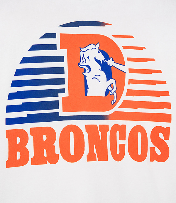 An orange and blue Broncos logo with a horse inside a D is set against a white background with striped sun rays.