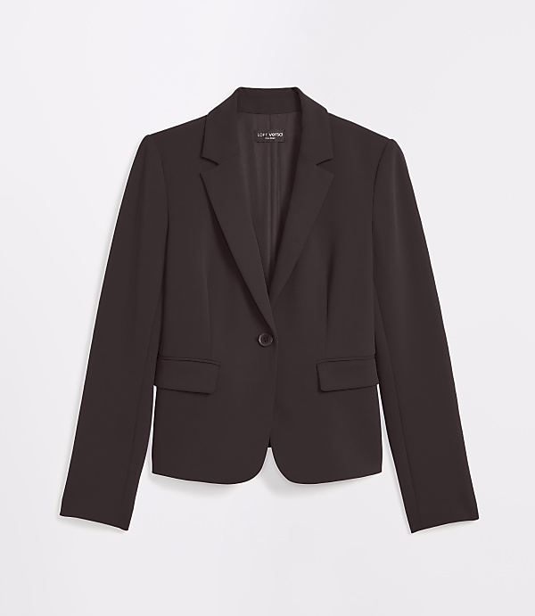 A dark brown blazer with a single button closure is displayed against a plain white background.