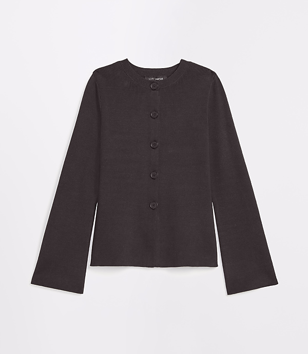 A dark brown, ribbed cardigan with bell sleeves and four buttons is centered against a plain white background.