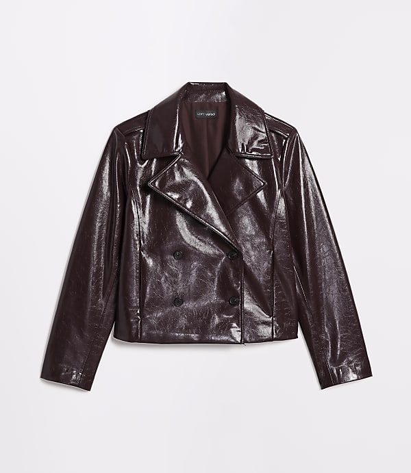 A glossy, dark red, double-breasted jacket with a notched collar is presented against a plain white background.