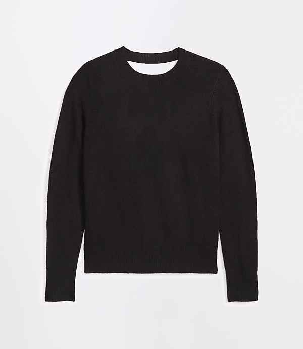 A black crewneck sweater with a cutout detail at the back is presented against a plain white background.
