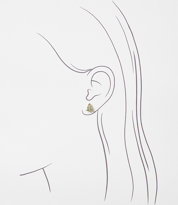 A delicate, triangular earring with small stones adorns a stylized ear, set against a plain, light background.