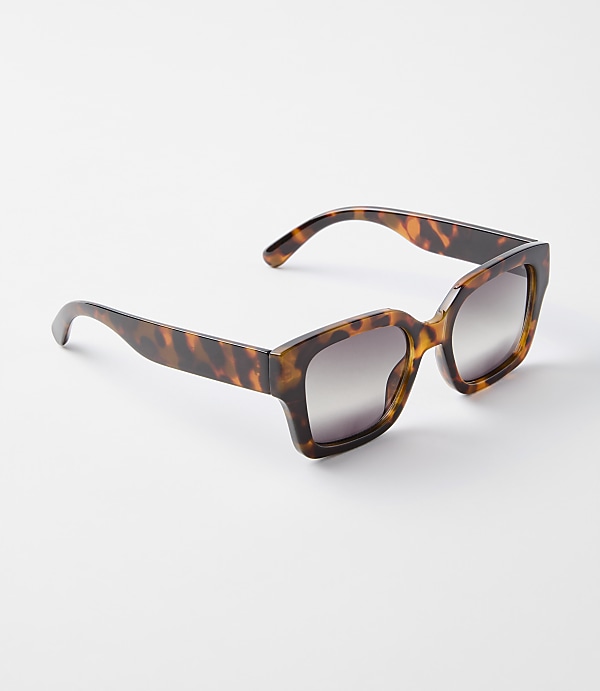 Tortoiseshell sunglasses with gradient lenses rest on a plain white background.