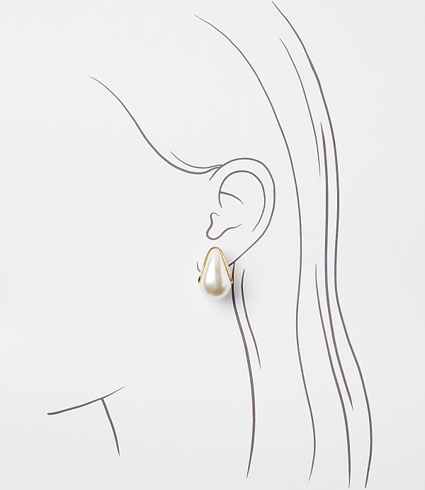 A single teardrop pearl earring with a gold setting is shown on a sketched ear against a white background.