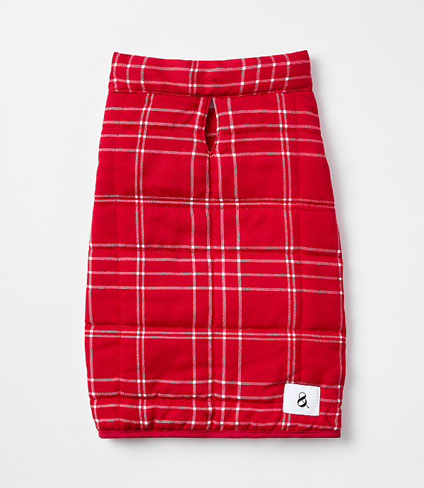 A red plaid dog coat with a white background.