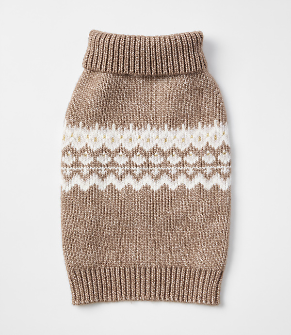 A brown knitted dog sweater with a white geometric pattern and a white background.