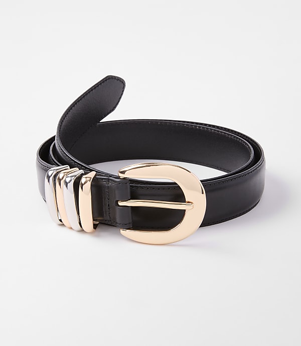 A black leather belt with a gold buckle and silver and gold accents rests on a white background.