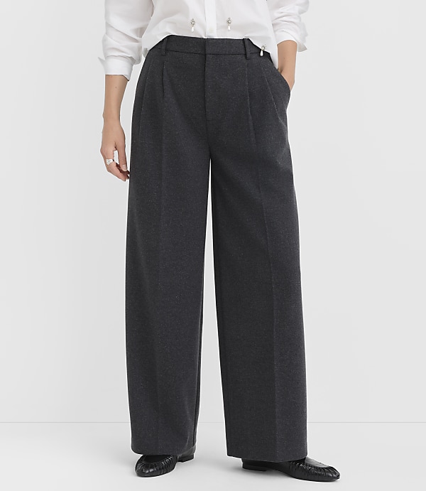 A person stands in dark grey wide-leg trousers and a white shirt against a plain white background.
