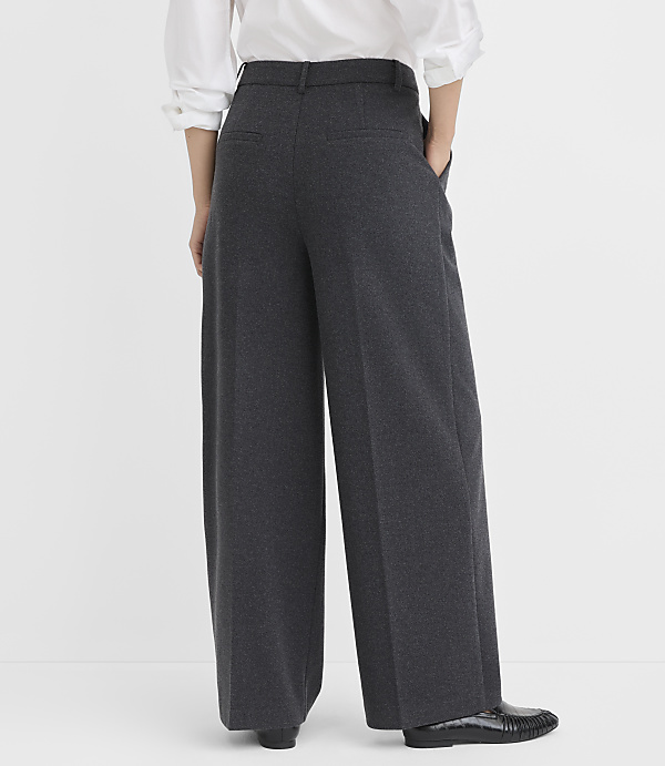 A person wearing wide-leg gray trousers and a white shirt stands against a plain white background.