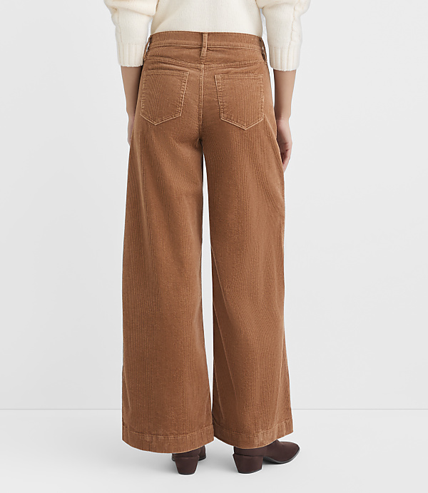 A person wearing wide-leg corduroy pants stands against a plain white background.