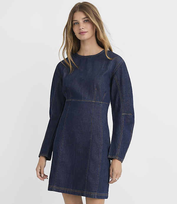 A woman in a dark denim dress with puffed sleeves stands against a plain white background.